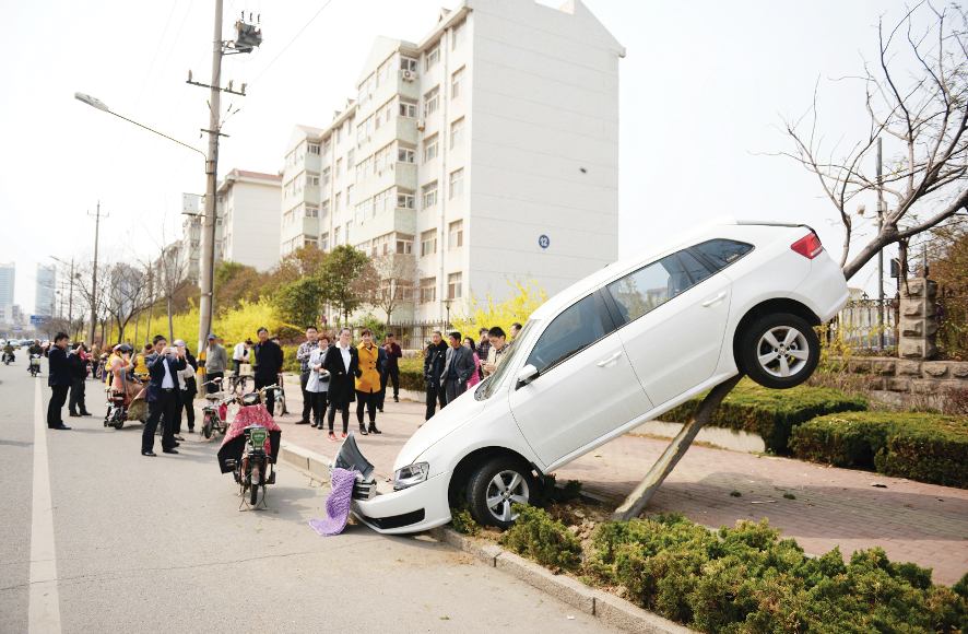錯(cuò)把油門(mén)當(dāng)剎車 實(shí)習(xí)女司機(jī)開(kāi)車“上樹(shù)”
